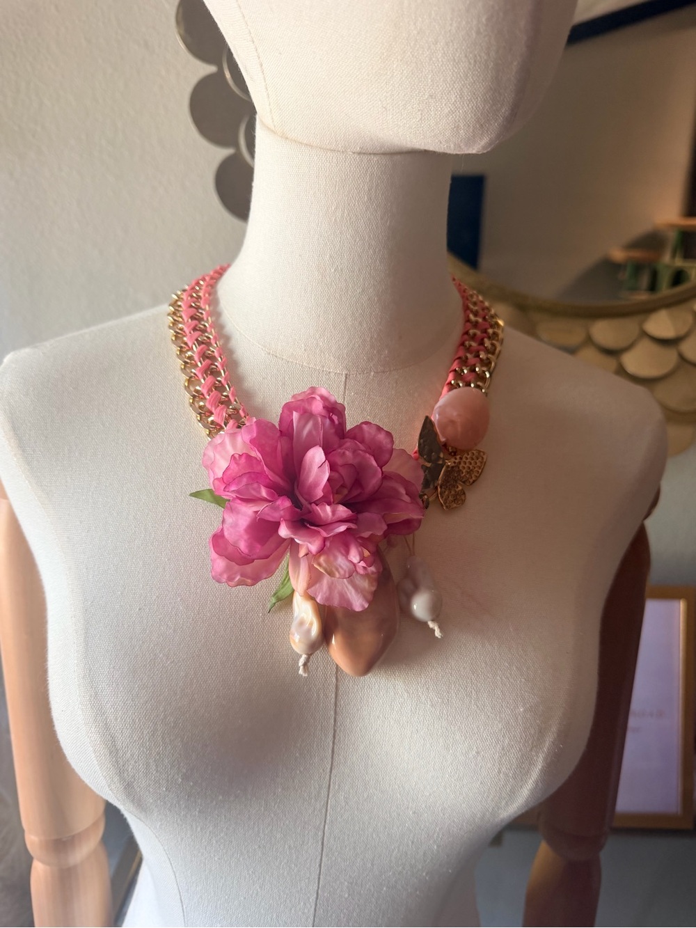 Pink Floral Statement Necklace with Gold Chain